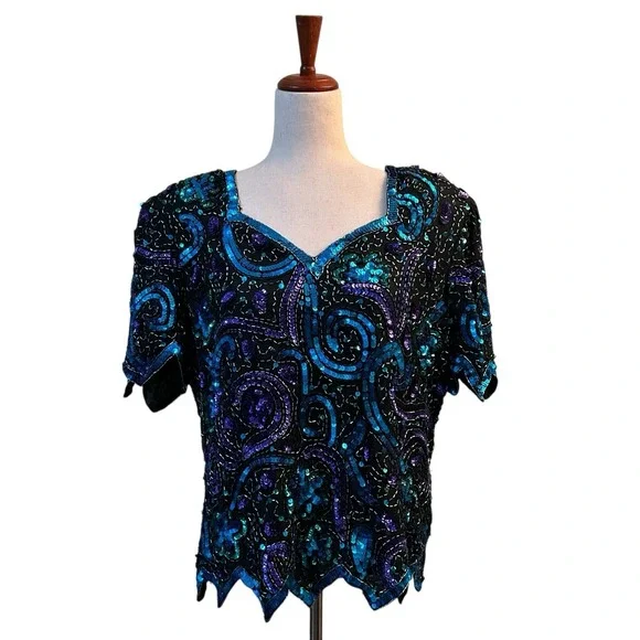 Laurence Kazar Top XL Blue Silk Blouse Sequined Beaded Vintage VTG 80s Scalloped - Picture 1 of 12